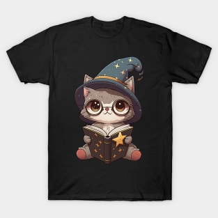 Magical Cat with a Spellbook - Adorable Magic Cat Cartoon T-Shirt